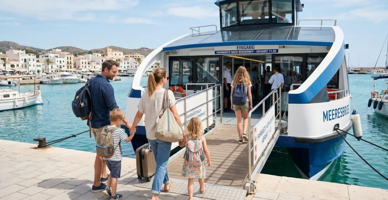 Familie mit zwei Kindern von hinten beim Betreten einer modernen Fähre über die Zugangsrampe, natürliche Hafenumgebung bei Tageslicht