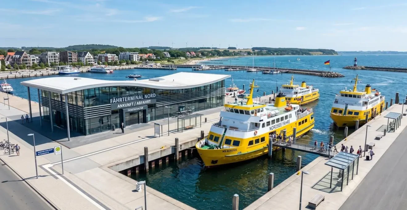 Moderne Hafenanlage am Mittelmeer mit gelben Corsica Ferries Fährschiffen am Kai, klare Tagesbeleuchtung, zeitgenössische Infrastruktur