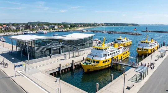 Moderne Hafenanlage am Mittelmeer mit gelben Corsica Ferries Fährschiffen am Kai, klare Tagesbeleuchtung, zeitgenössische Infrastruktur